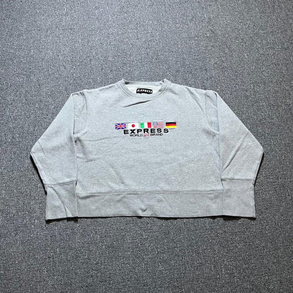 Vintage Express World Brand Sweatshirt Medium Gray Flags Embroidered 90s Boxy